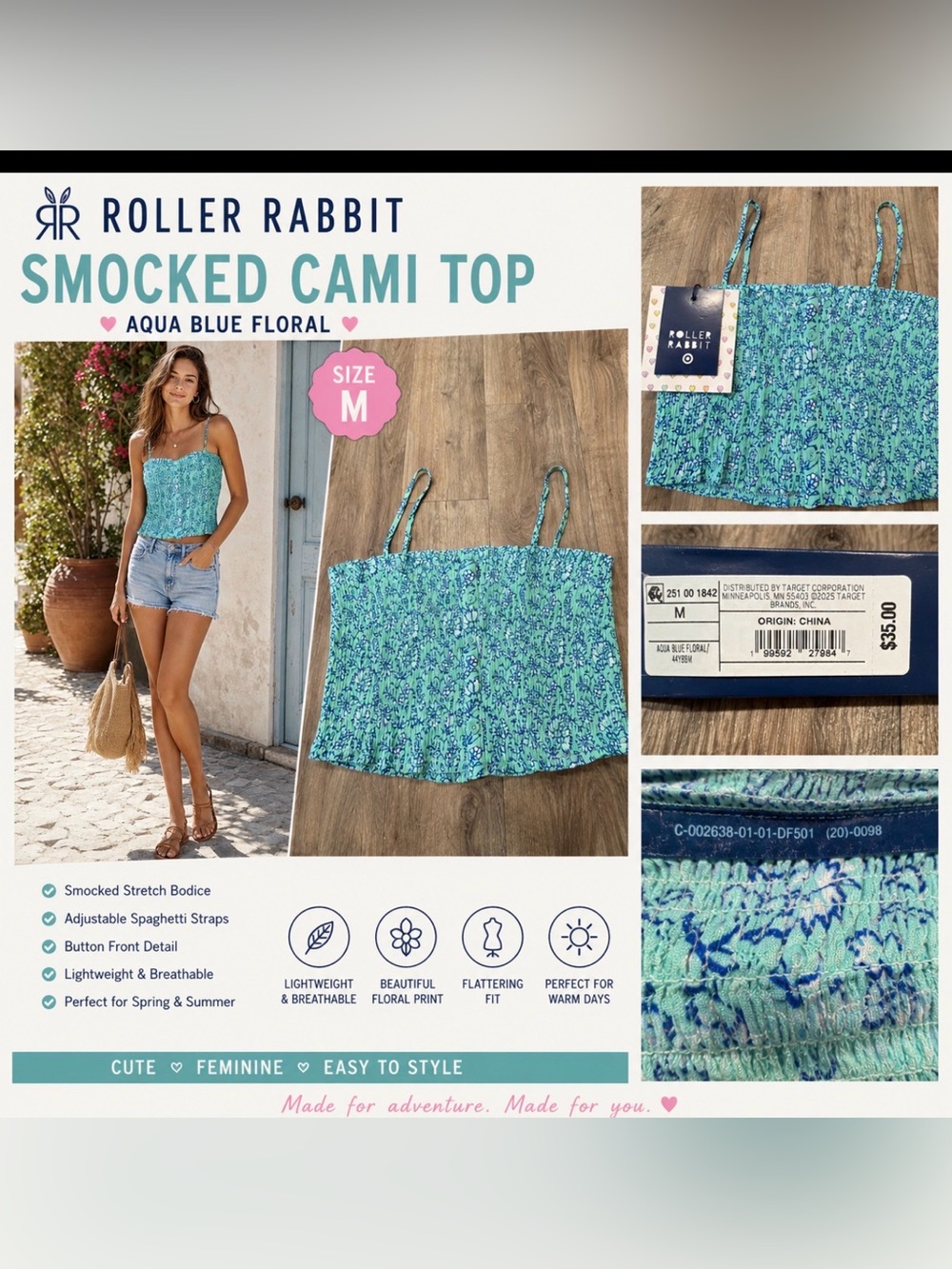 Roller Rabbit x Target Smocked Cami Tank Top Aqua Blue Floral Size Medium NWT